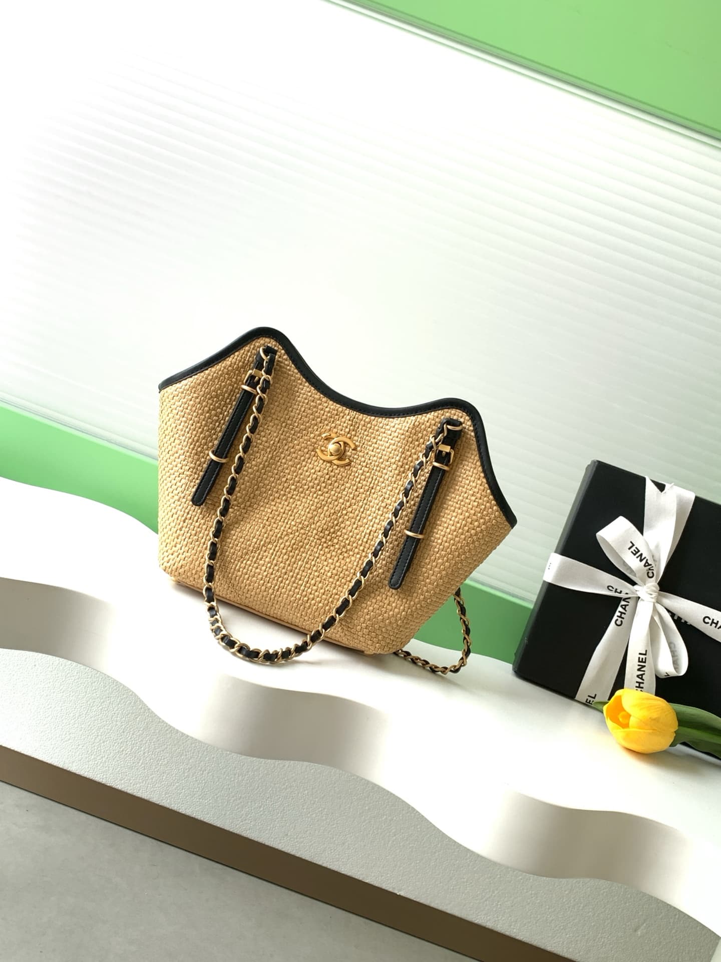 Chanel Shopping Bag Braided Raffia Calfskin & Gold-Tone Metal Beige & Black  AS6015 A