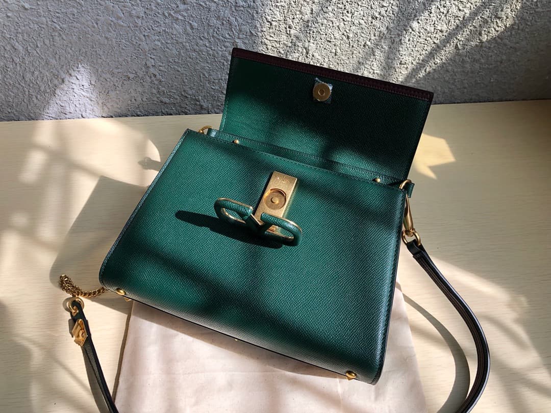 Valentino Small Vsling Handbag In Dark Green Grainy Calfskin High