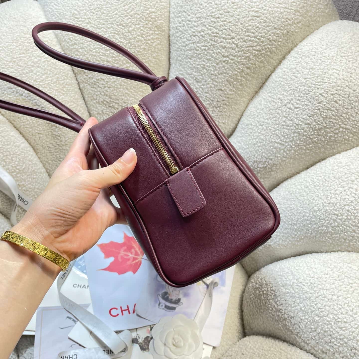 Chanel Maxi Bowling Bag Calfskin & Gold-Tone Metal Claret AS6211 A