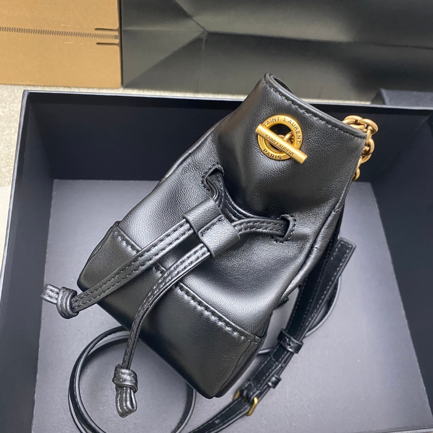Saint Laurent Jamie Mini Leather Bucket Bag Black Lambskin 859174 High
