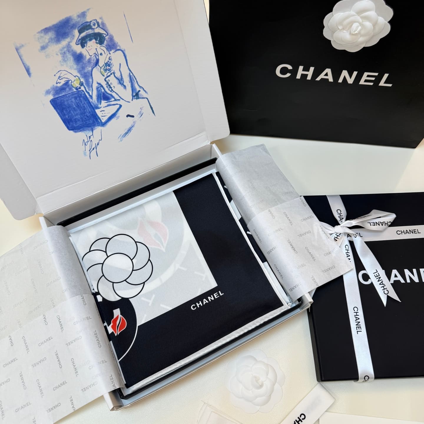 Chanel Silk CC Logo Camellia Scarf