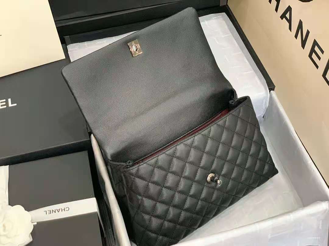Medium FLAP BAG WITH TOP HANDLE Grained Calfskin Black Pewter-Tone Metal High