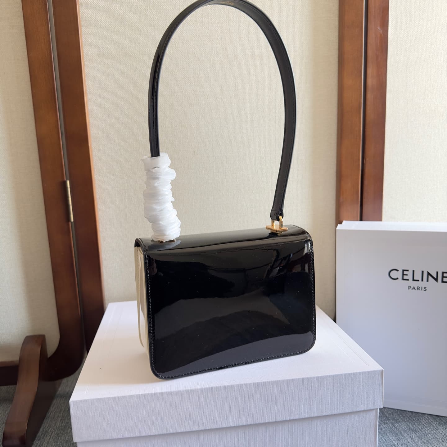 Celine Teen Garance Shoulder Bag in Black-White Patent Calfskin High