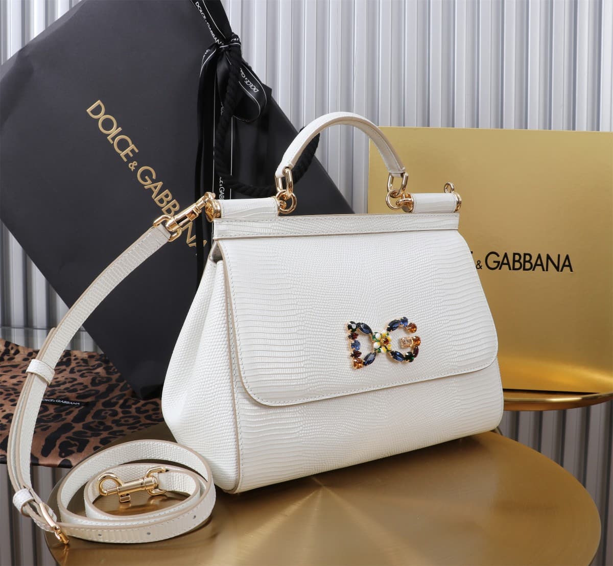 Sicily Handbag 25cm in Iguana Print Calfskin and Crystal DG Logo Patch High