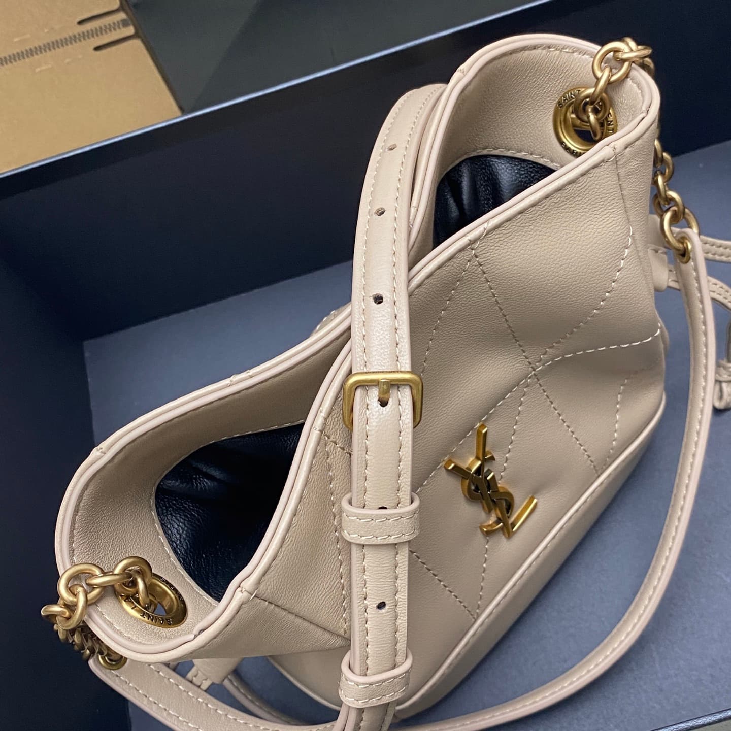 Saint Laurent Jamie Mini Leather Bucket Bag Beige Lambskin 859174 High