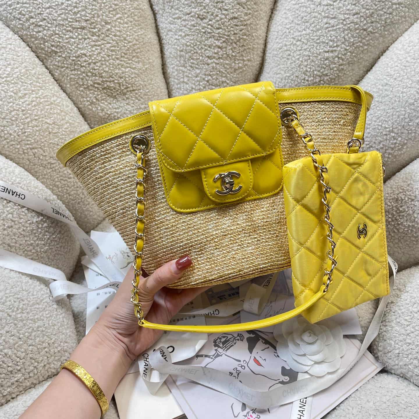 Chanel Coco Beach Small Shopping Bag Braided Straw Lambskin & Gold-Tone Metal Beige & Yellow AS5951 A