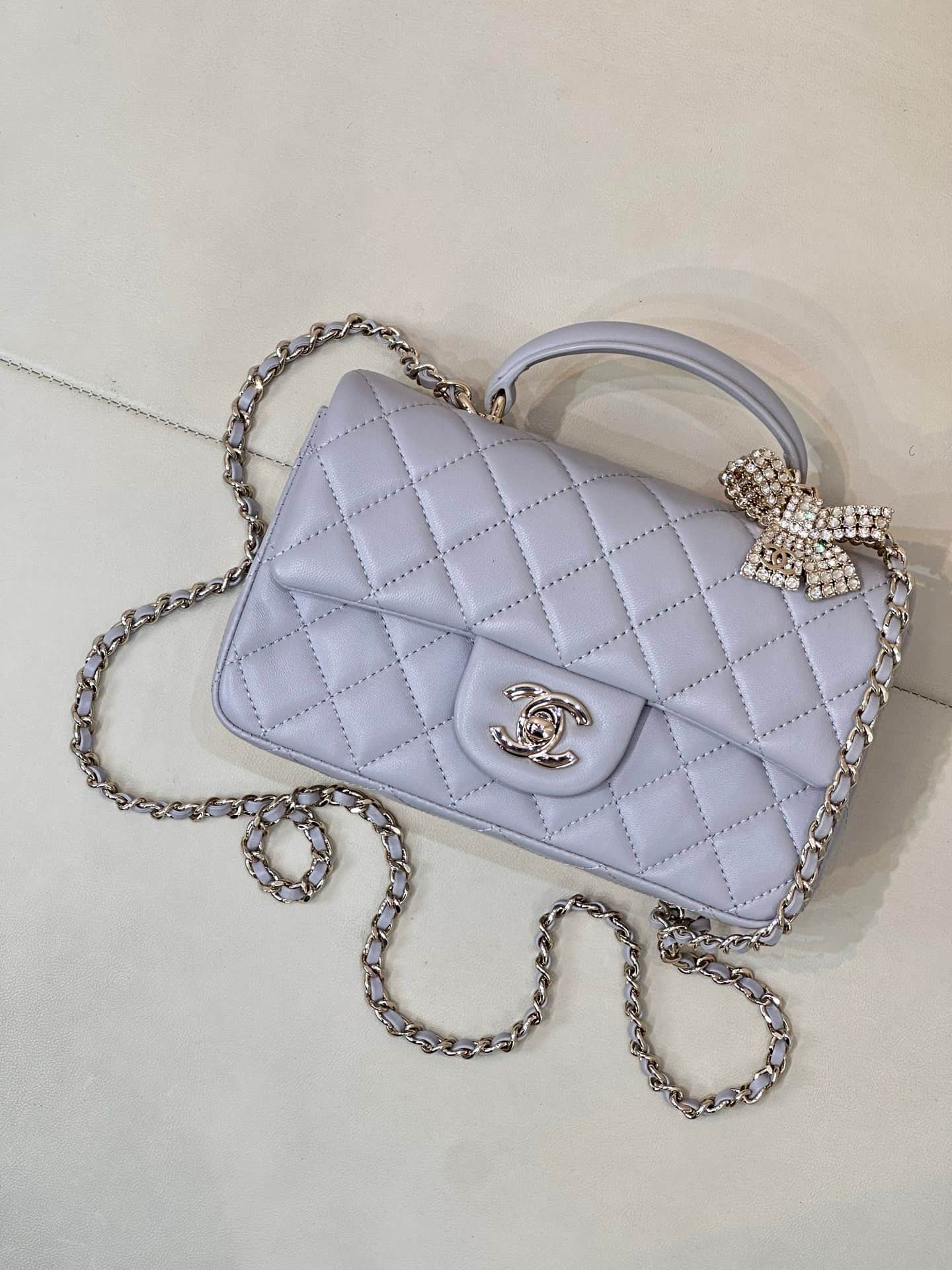Chanel Mini Classic Handbag Lambskin Strass & Gold-Tone Metal AS2431 grey TOP