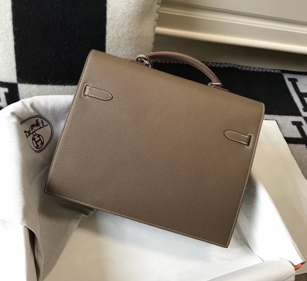 Hermes Kelly Depeche 34 Briefcase In Etoupe Calfskin WAX High