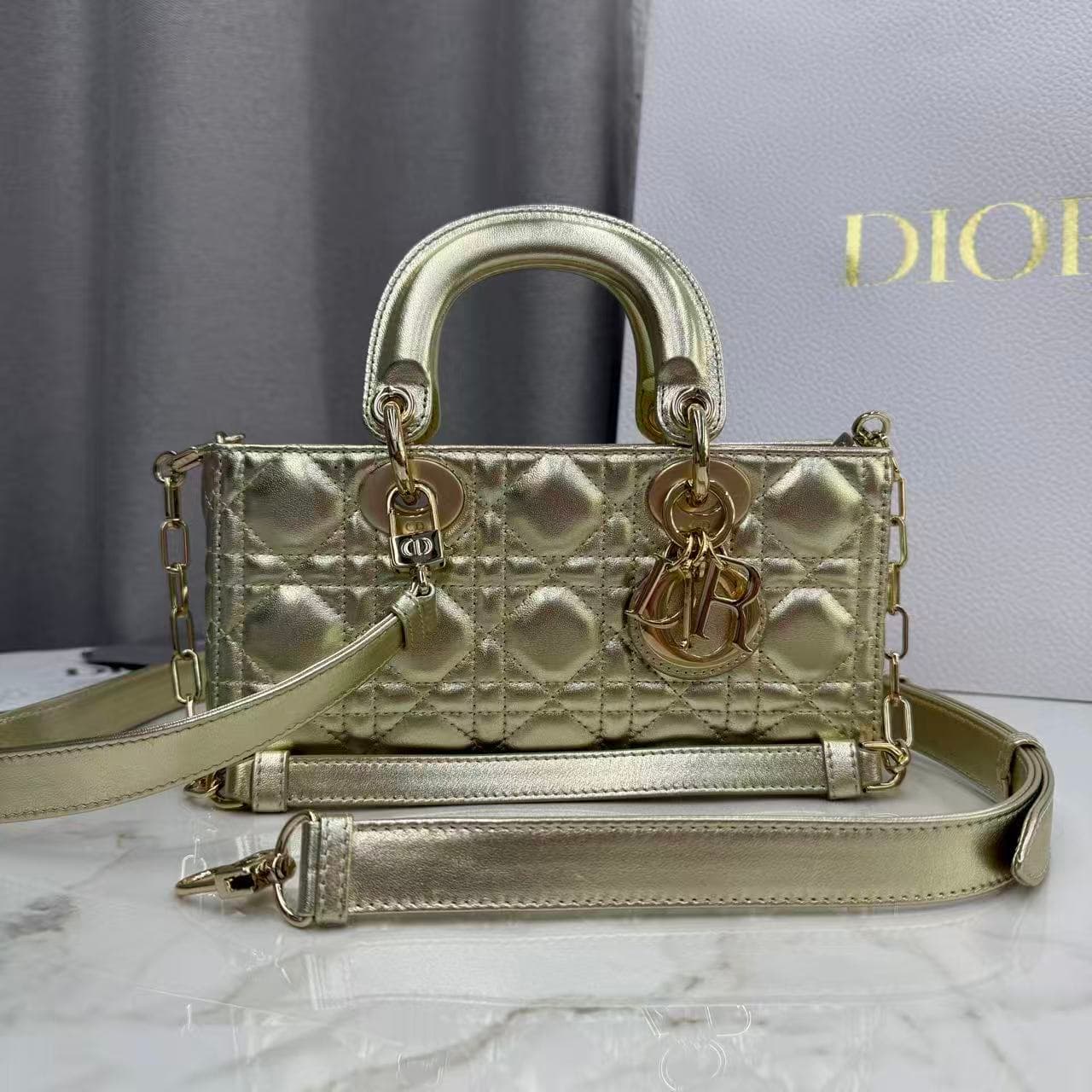 LADY D-JOY BAG SMALL Cannage Lambskin Gold High