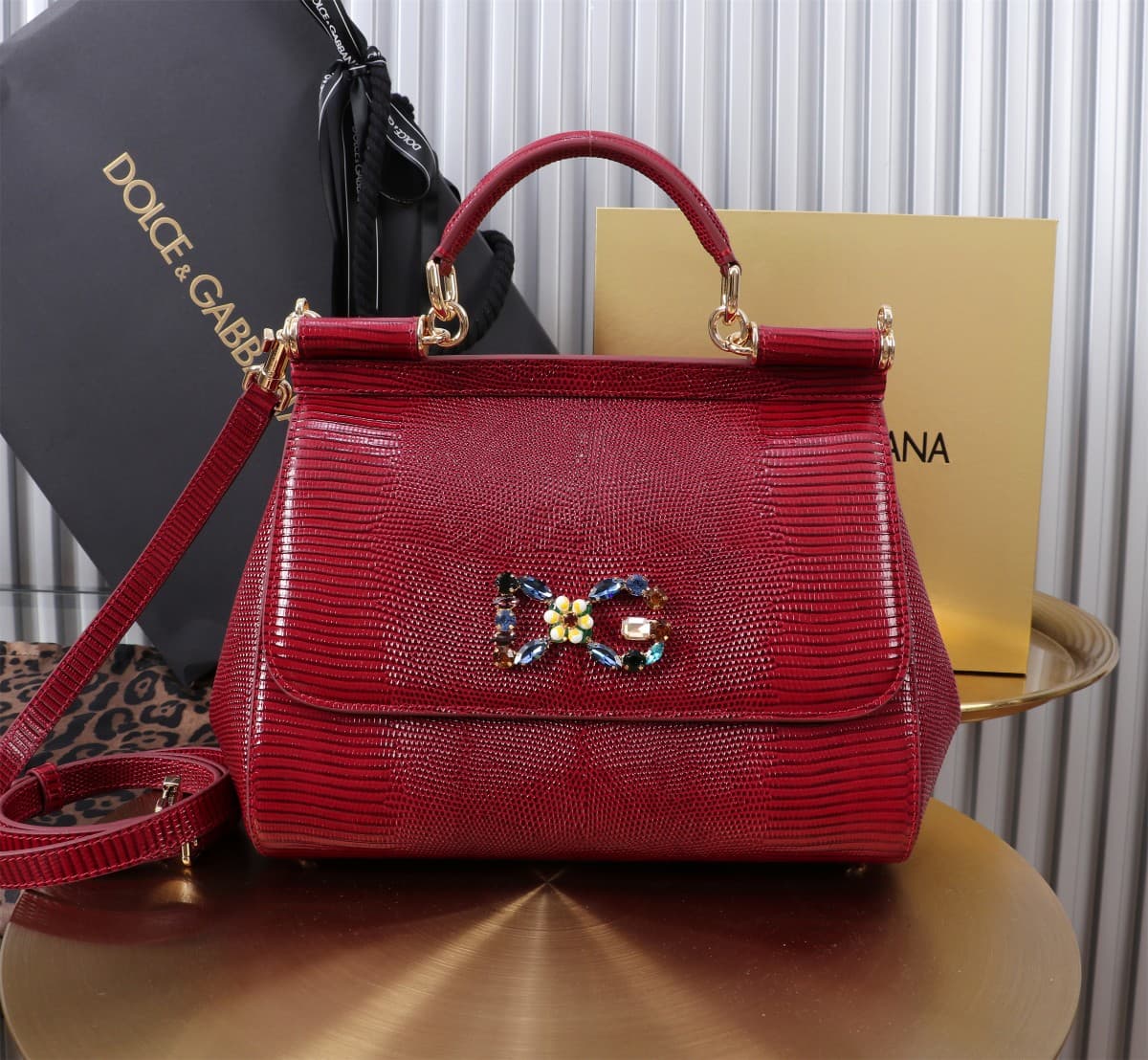 Sicily Handbag 25cm in Iguana Print Calfskin and Crystal DG Logo Patch High