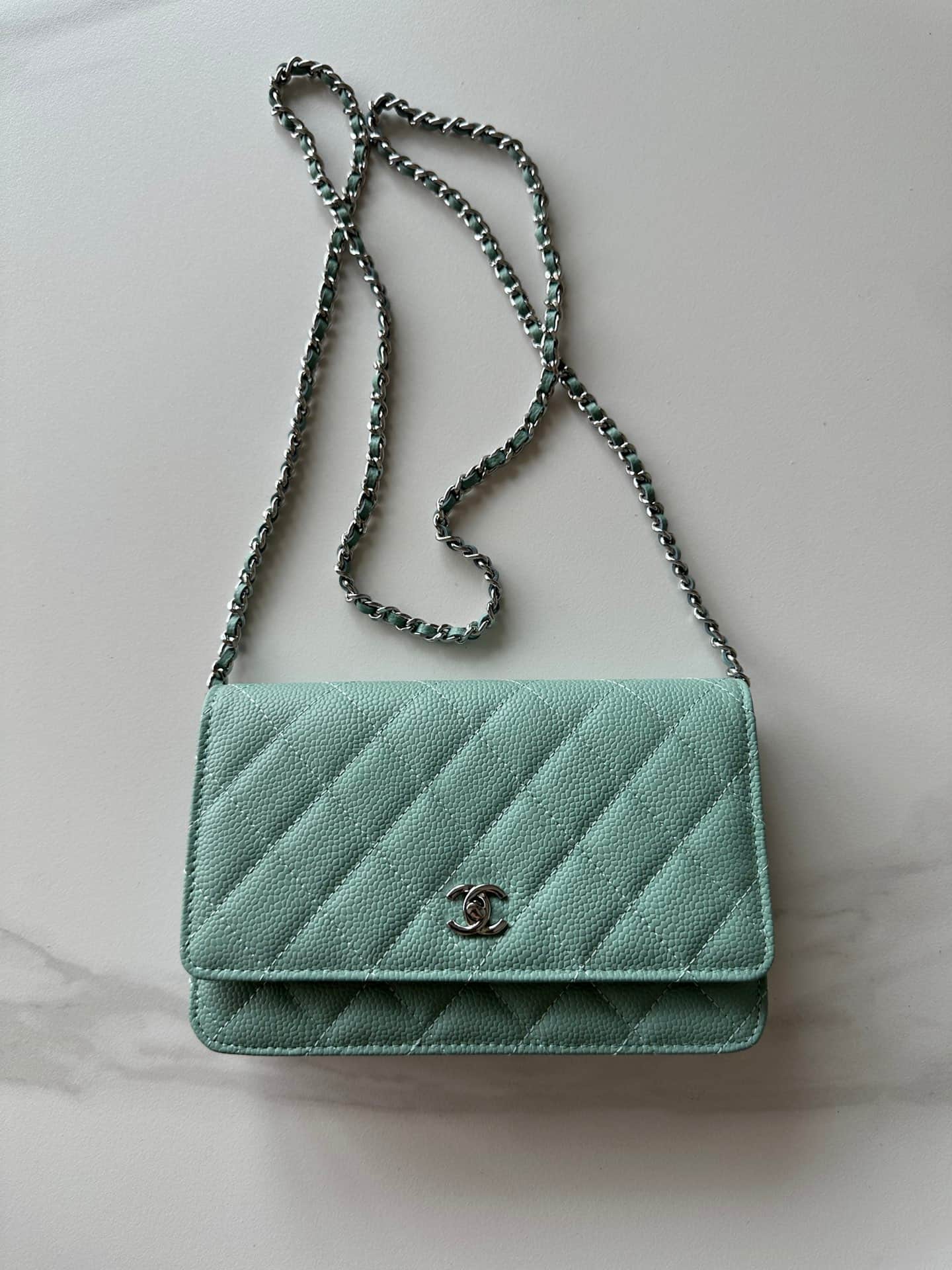 Chanel Classic Wallet on Chain Grained Shiny Calfskin & Silver-Tone Metal AP4241 Light Green High
