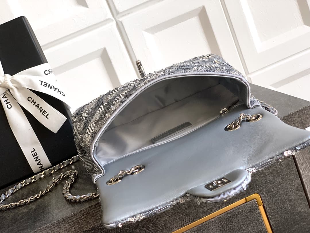 Chanel Classic Mini Flap Bag Sequins Embroidery & Silver-Tone Metal Silver 6171 A