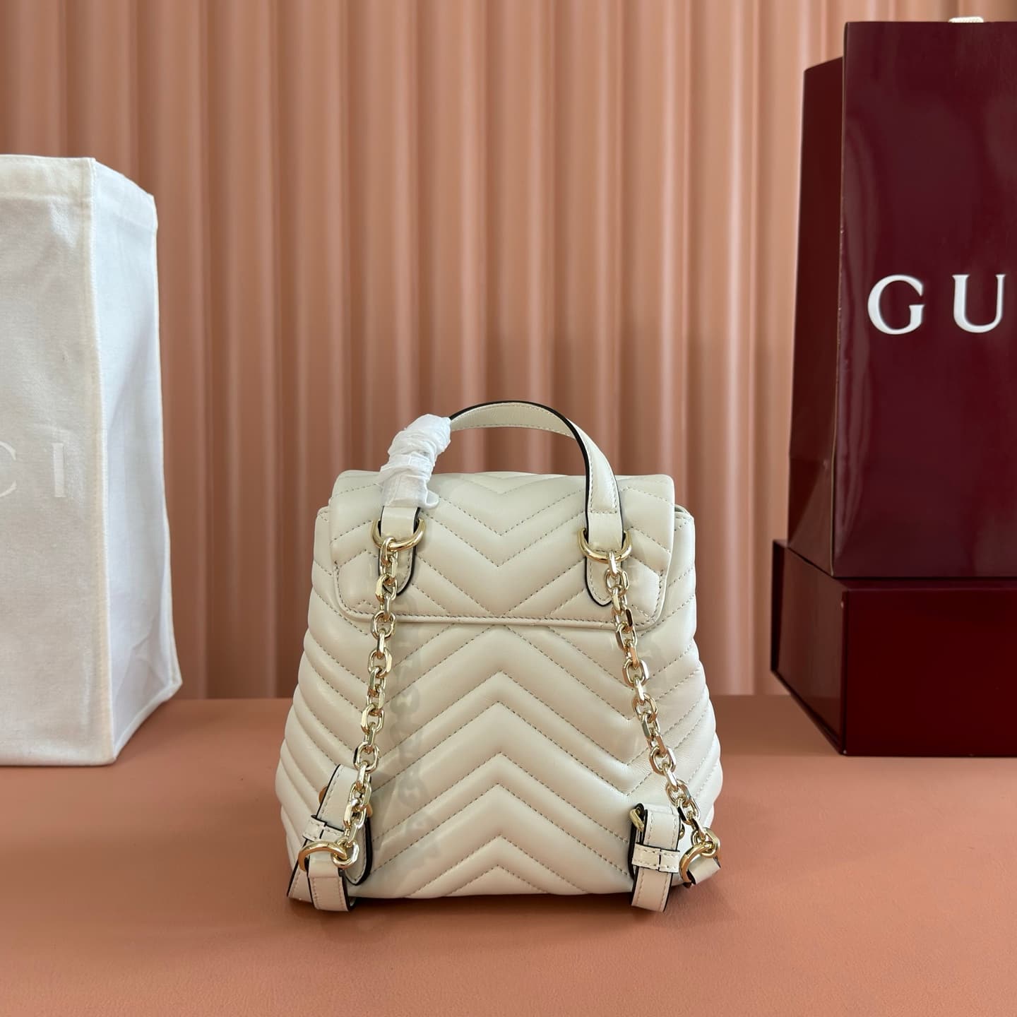 Gucci GG Marmont Mini Backpack White Matelassé Chevron Nappa Leather 855921 High