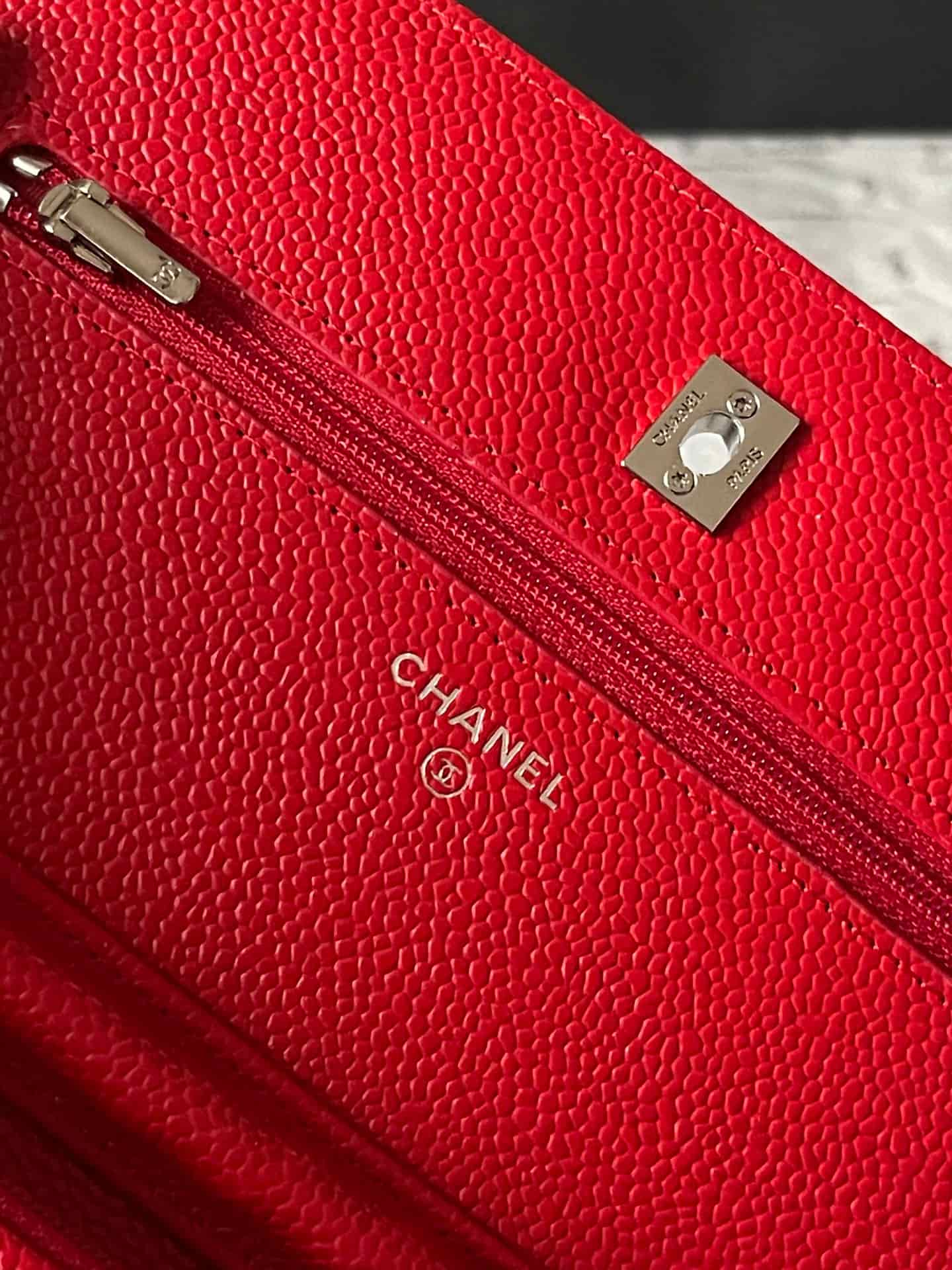 Chanel Classic Wallet on Chain Grained Shiny Calfskin & Silver-Tone Metal AP4241 Red A