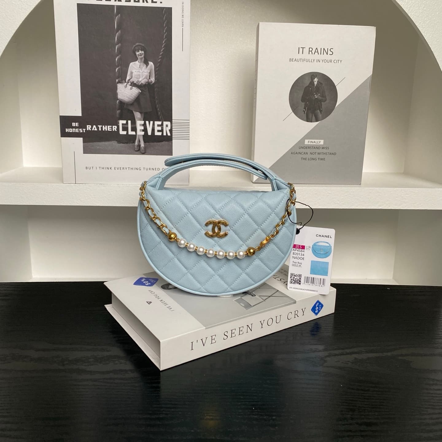 Chanel mini round hobo pouch bag AP4584 Grained Calfskin & gold-tone metal blue high