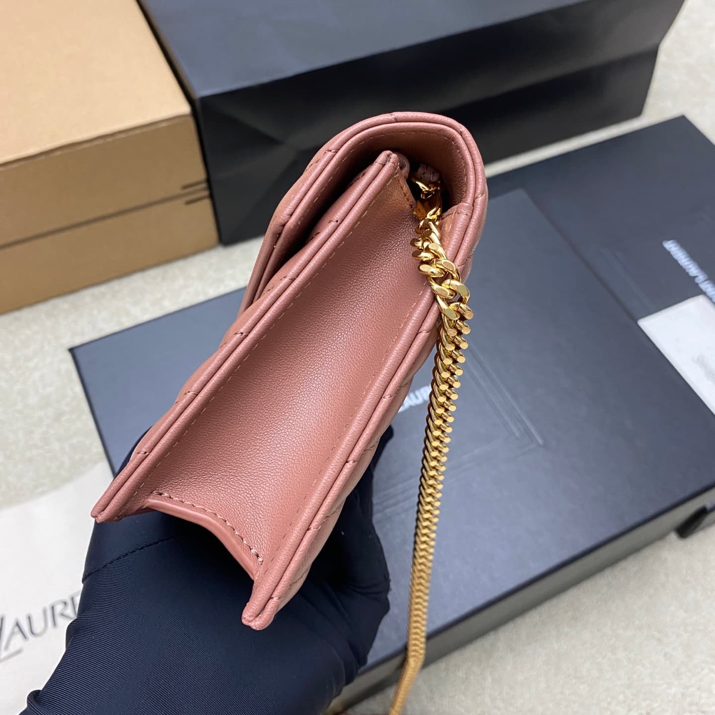Saint Laurent Monogram Matelassé Cassandre Wallet on Chain Ice Plum Pink Lambskin 393953 High