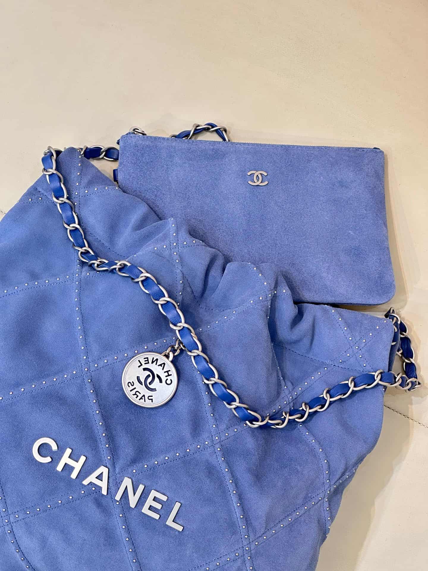 Chanel 22 Small handbag Suede calfskin studs & silver-tone metal AS3260 Blue TOP