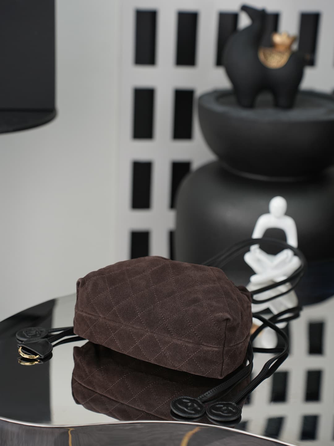 Chanel Clutch with Leather Strap Dark Brown quilted suede & Gold-tone Metal AP5228 A