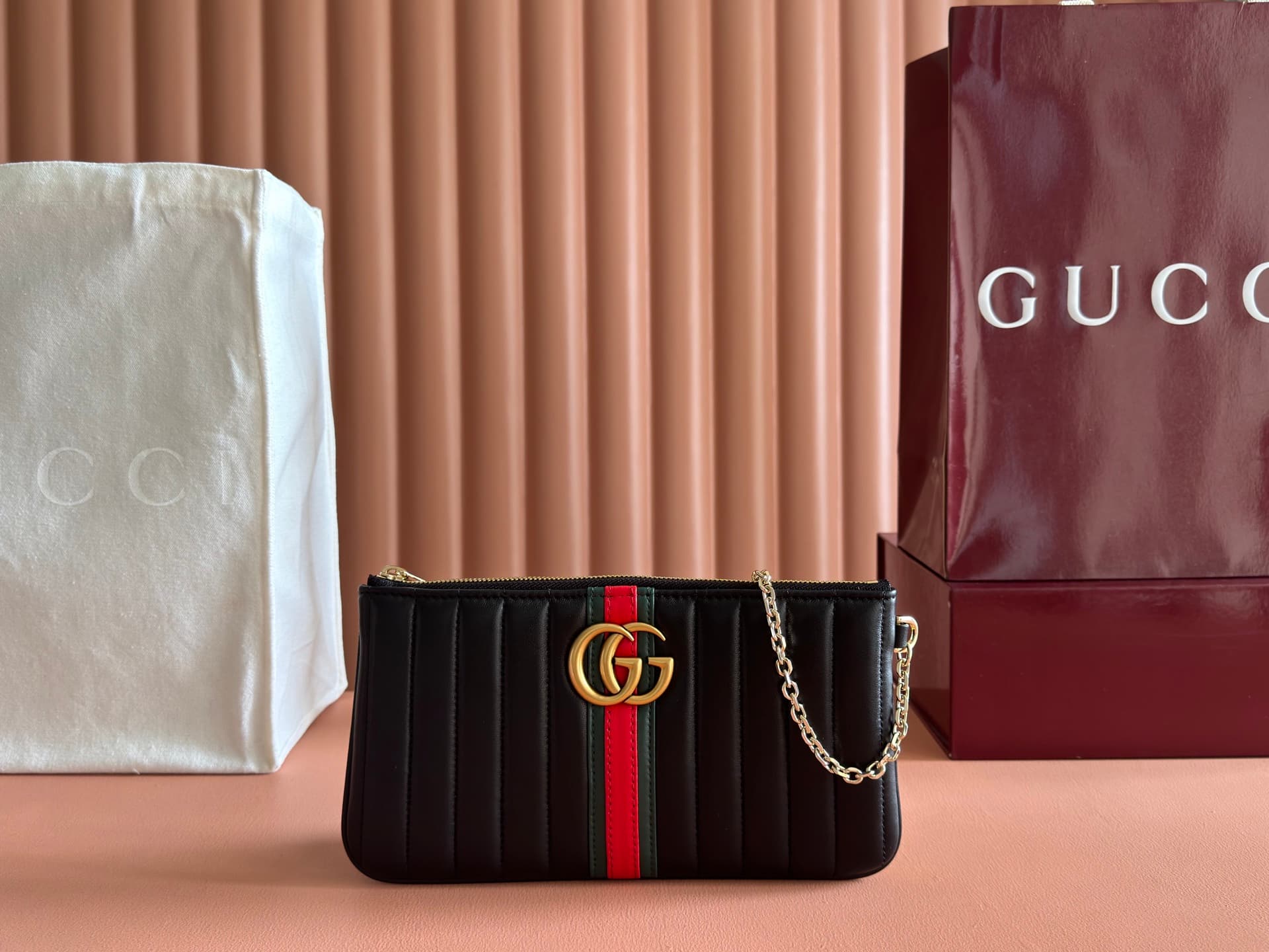 Gucci GG Marmont pouch with strap Black vertical matelassé nappa leather A006X2 High
