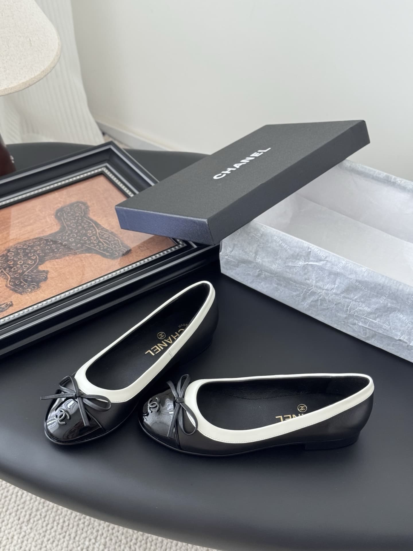 Chanel Lambskin Cap Toe CC Ballerina Flats Shoes Women