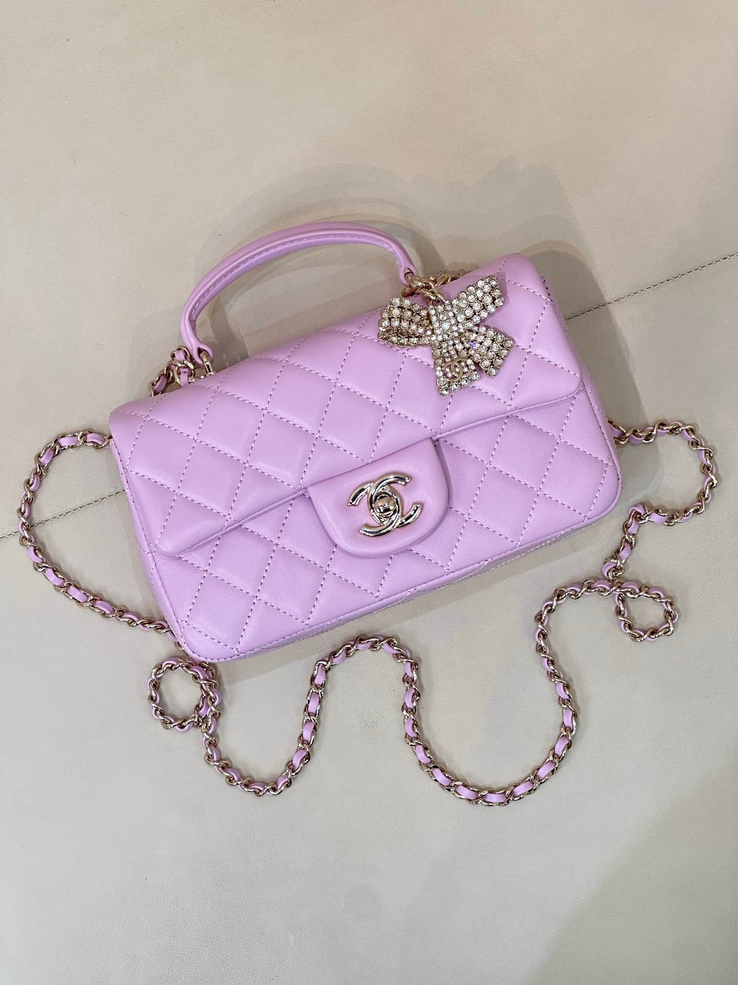 Chanel Mini Classic Handbag Lambskin Strass & Gold-Tone Metal AS2431 light purple TOP