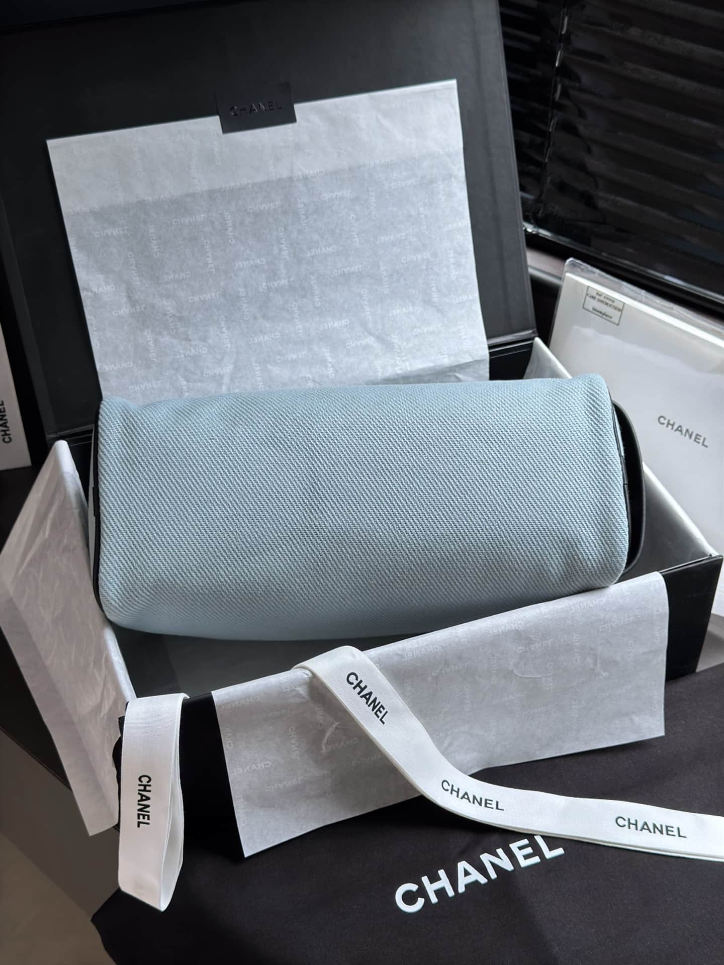 Chanel Large Zipped Pouch Canvas Calfskin & Silver-Tone Metal AP5267 Light Blue A