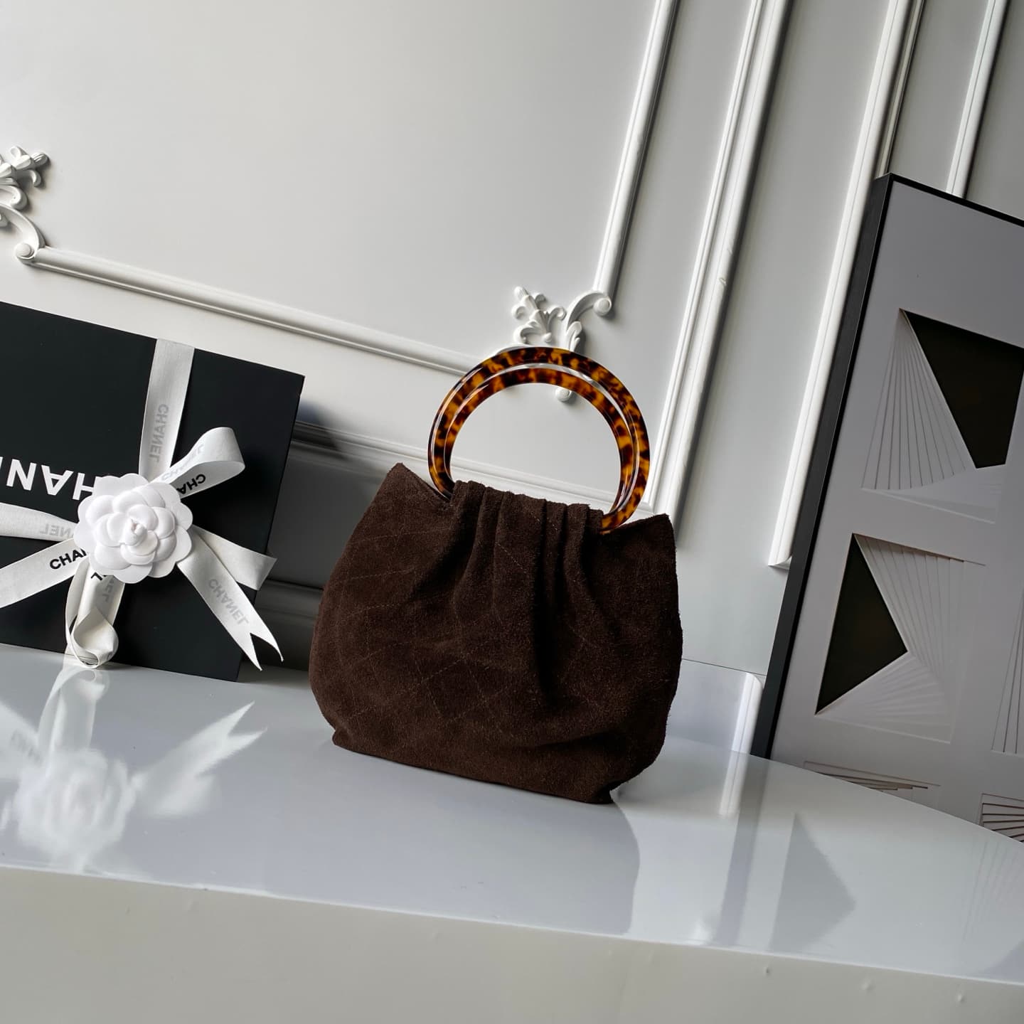 Chanel Small Hobo Bag Suede Calfskin Turtoise-Shell Effect Plexi & Gold-Tone Metal Brown AS6022 High