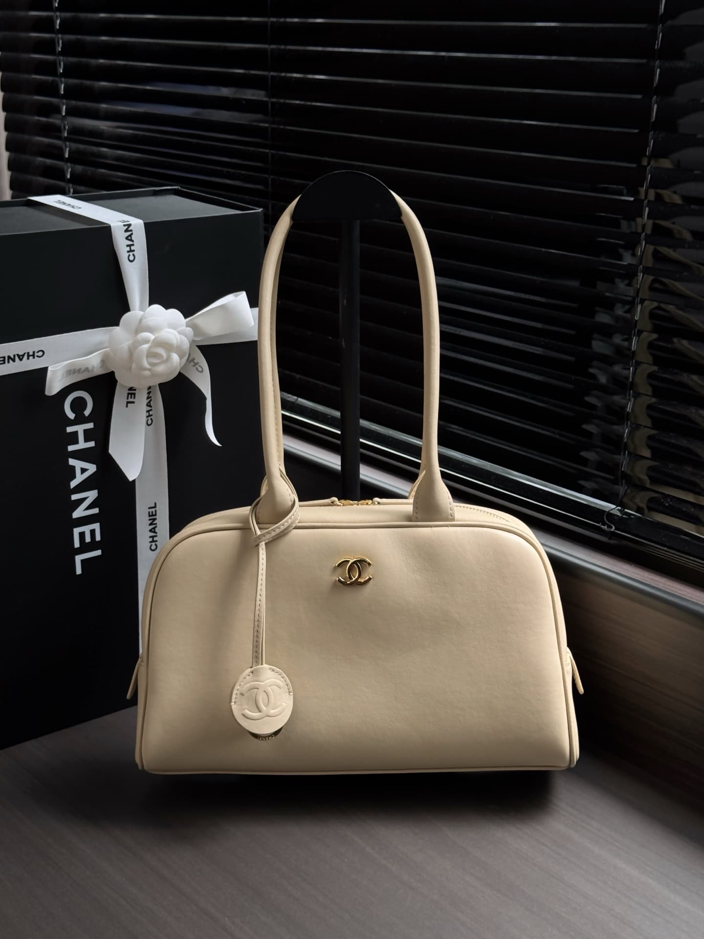 Chanel Large Bowling Bag Calfskin & Gold-Tone Metal Beige AS6580 High