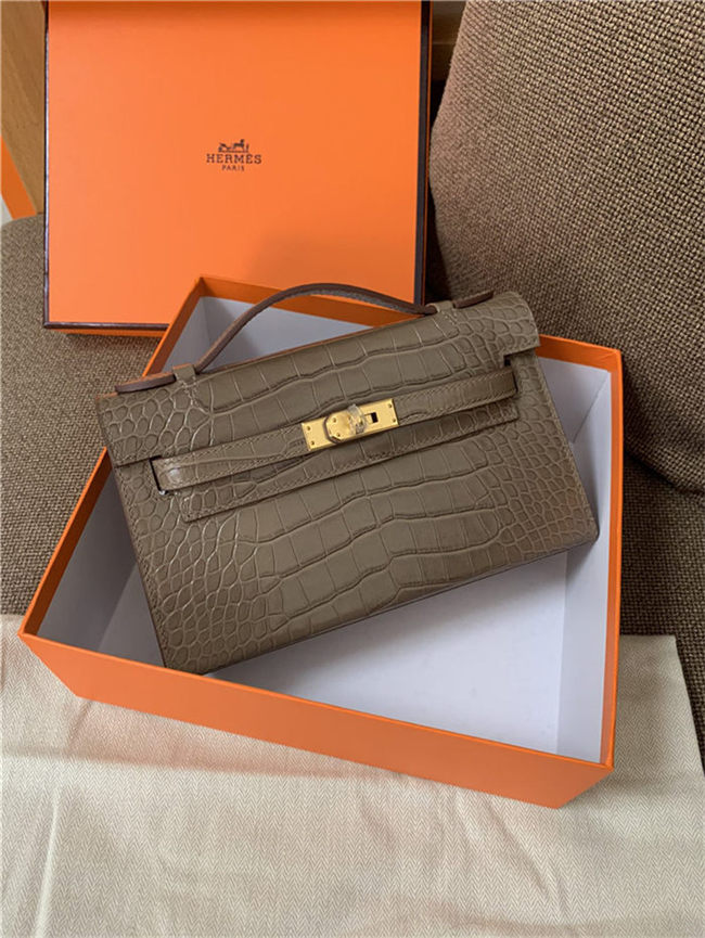 Hermes Kelly Pochette Bag Crocodile Silver/Gold Metal WAX High Customizing Style