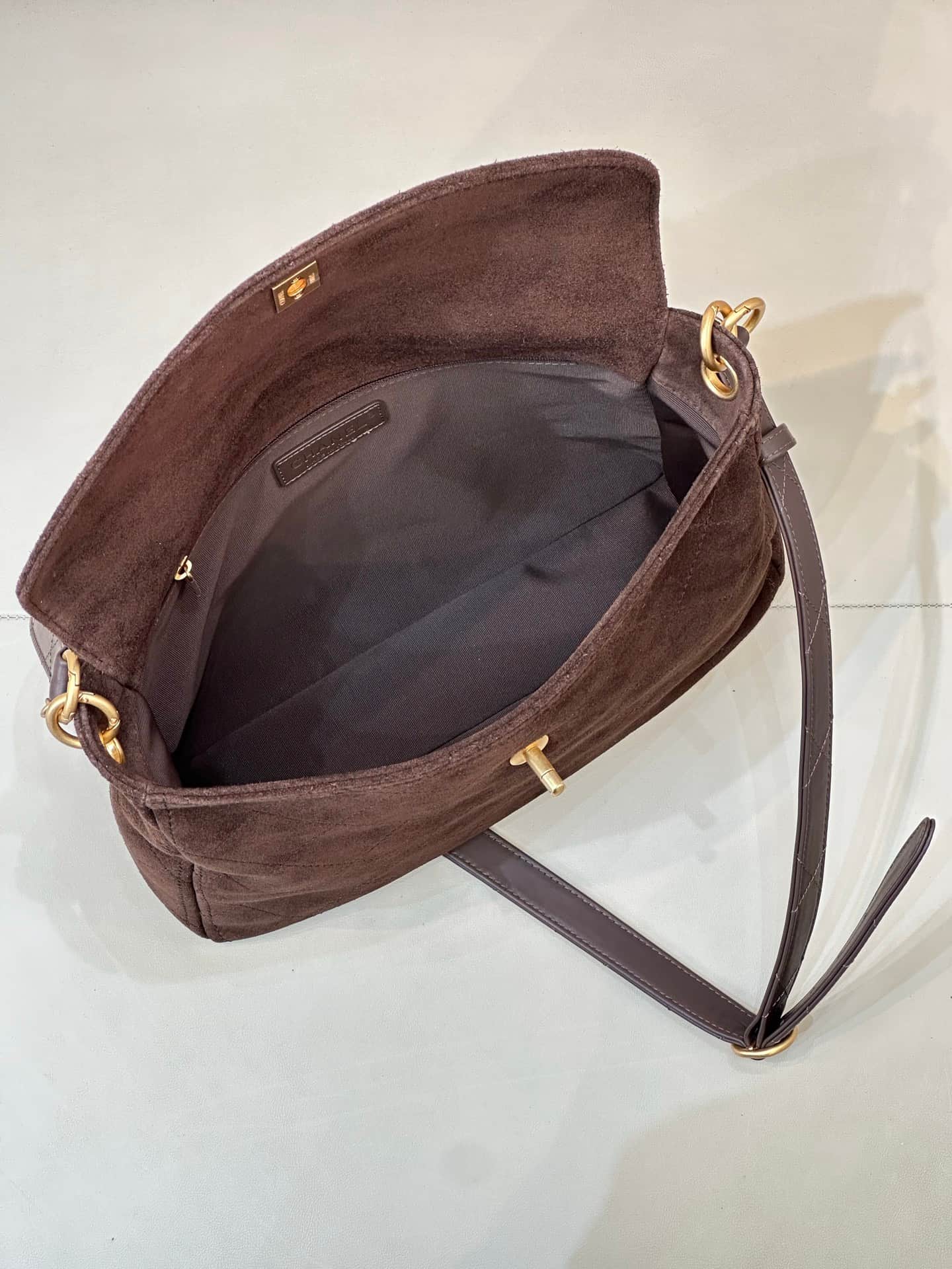 Chanel Matelasse Suede Shoulder Bag& Gold-Tone Metal Brown AS5883 TOP