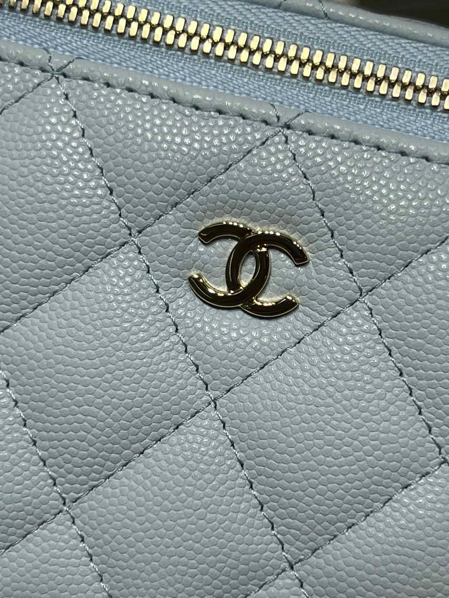Chanel Classic Long Vanity with Chain Grained Calfskin & Gold-Tone Metal Light Blue AP1341 High