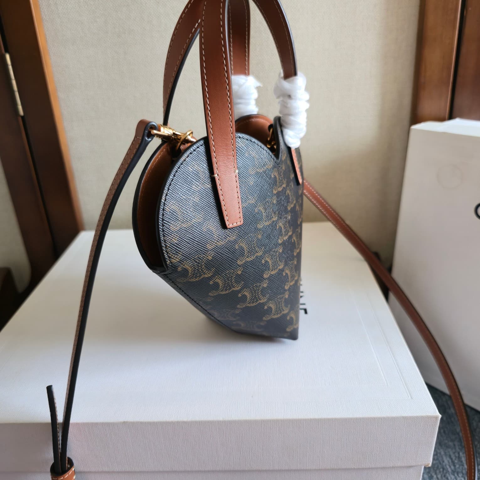 CELINE Triomphe Canvas Calfskin Teen Coeur Heart Bag in Tan High