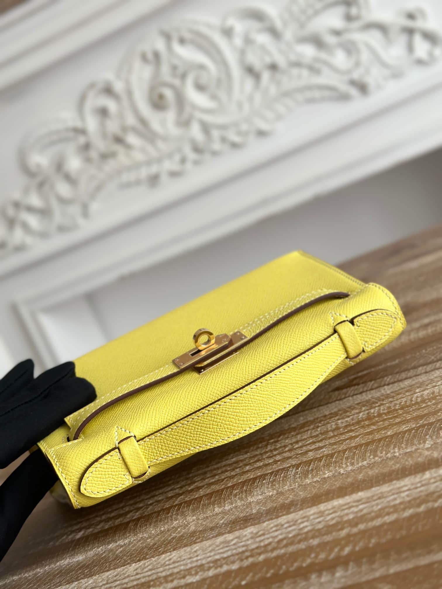 Hermes Kelly Pochette Bag Epsom Leather Silver/Gold Metal Lime WAX High