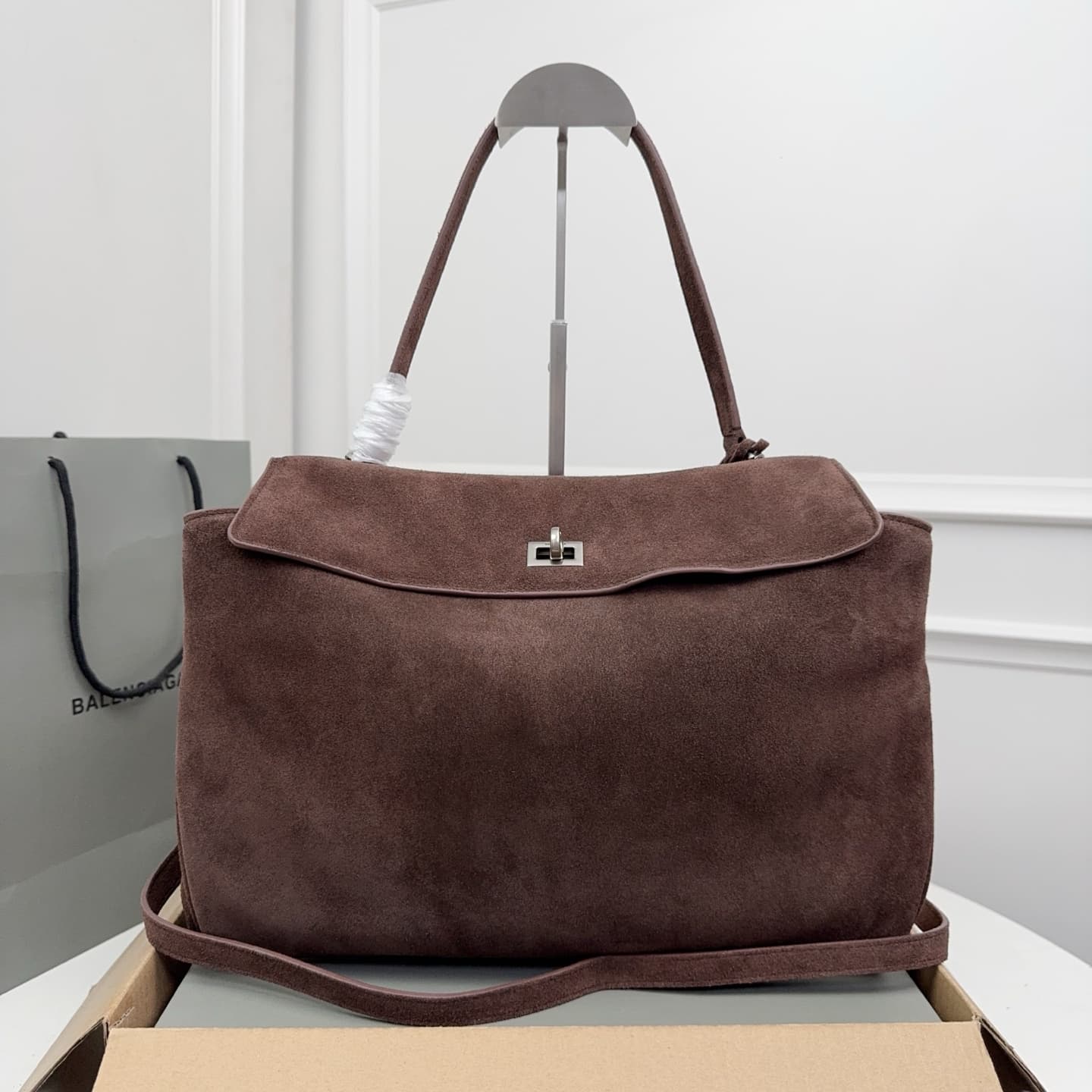 Balenciaga Rodeo Medium Bag inlight espresso Waxed Suede Calfskin With Silver-Tone Metal High