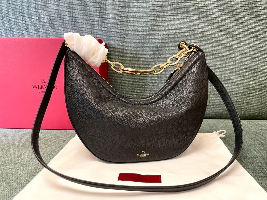 Valentino Garavani VLogo Moon small hobo bag in black grained calfskin High