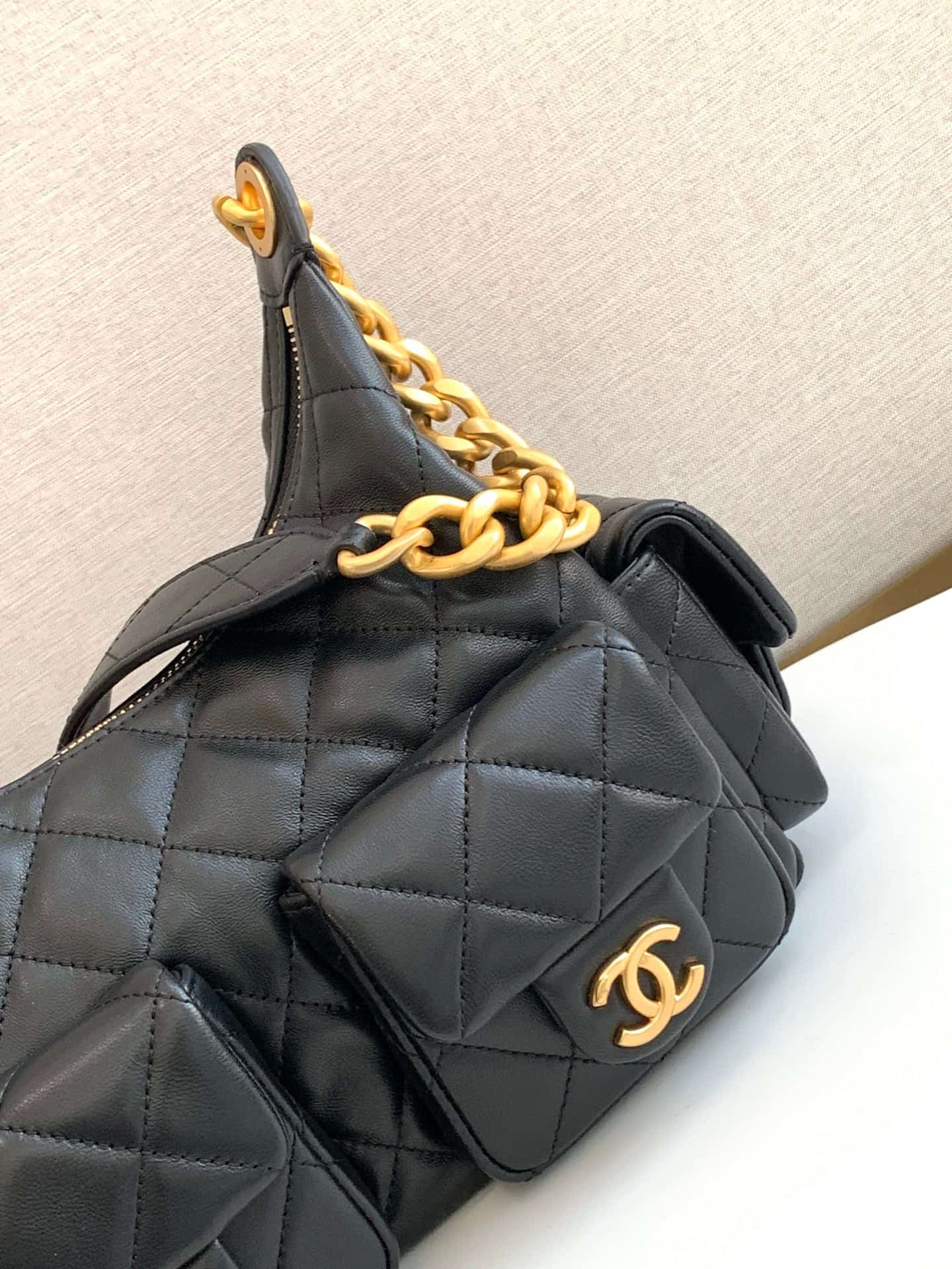 Chanel Trendy Pockets Hobo Bag Lambskin & Gold Metal Black AS5339 A