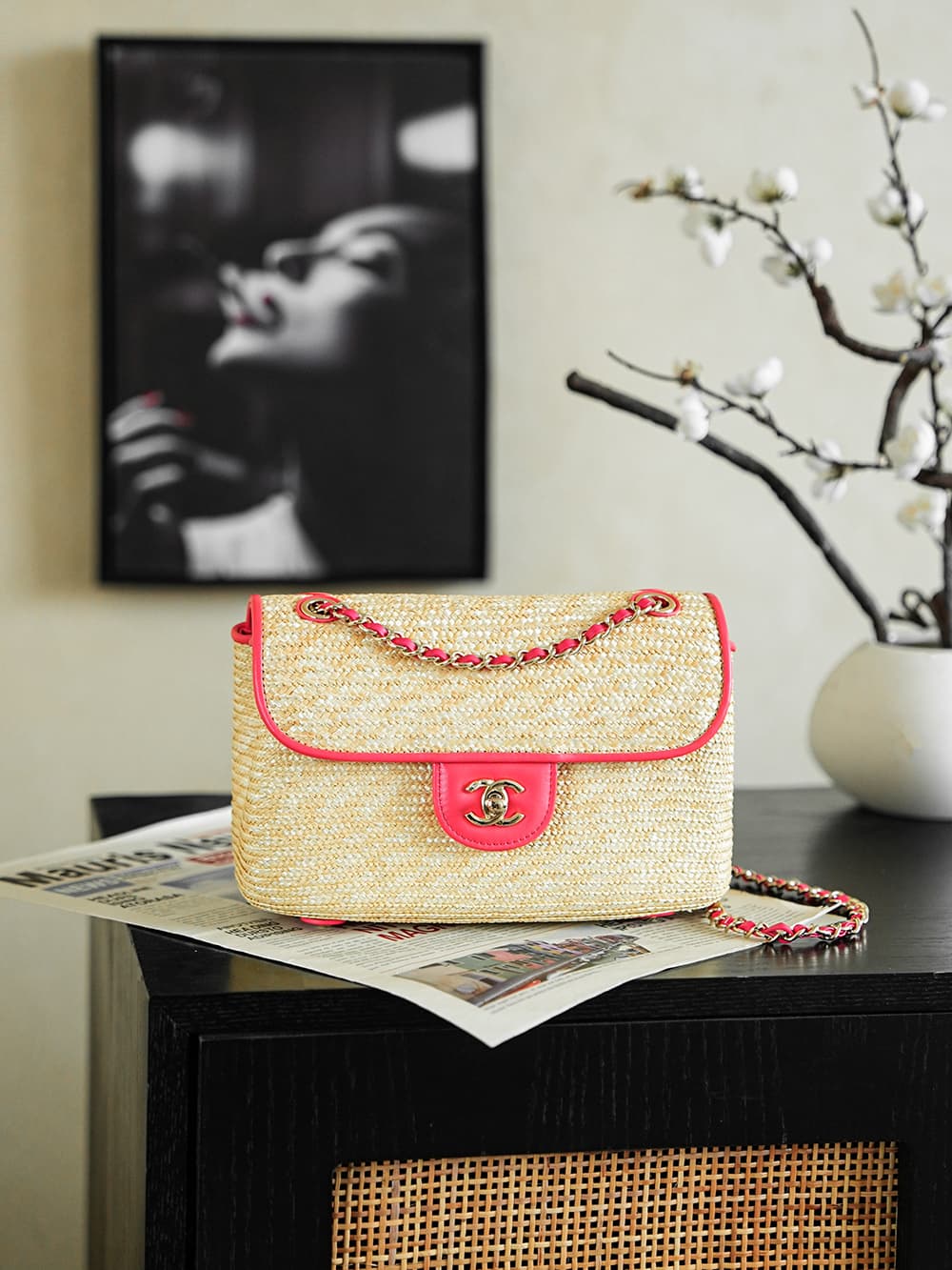 Chanel Coco Beach Small Flap Bag Braided Straw Lambskin & Gold-tone Metal AS6017 A