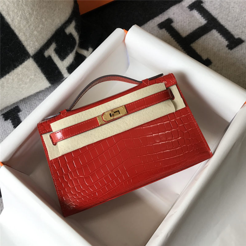 Hermes Kelly Pochette Bag Crocodile Silver/Gold Metal WAX High Customizing Style