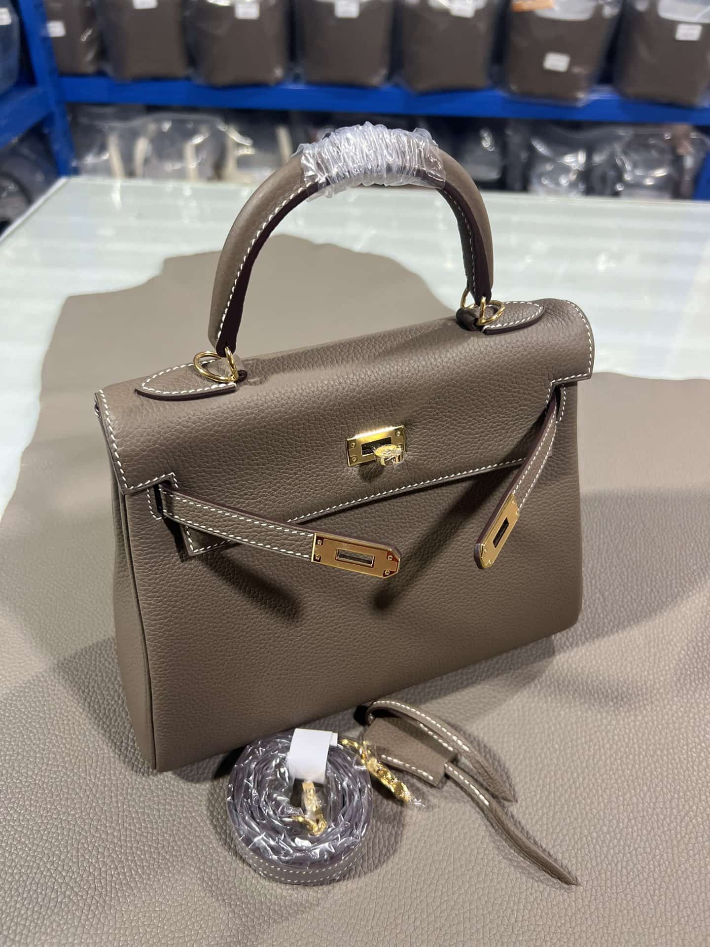 Hermes Kelly 25/28/32cm Retourne Bag Togo Leather In Etoupe WAX High