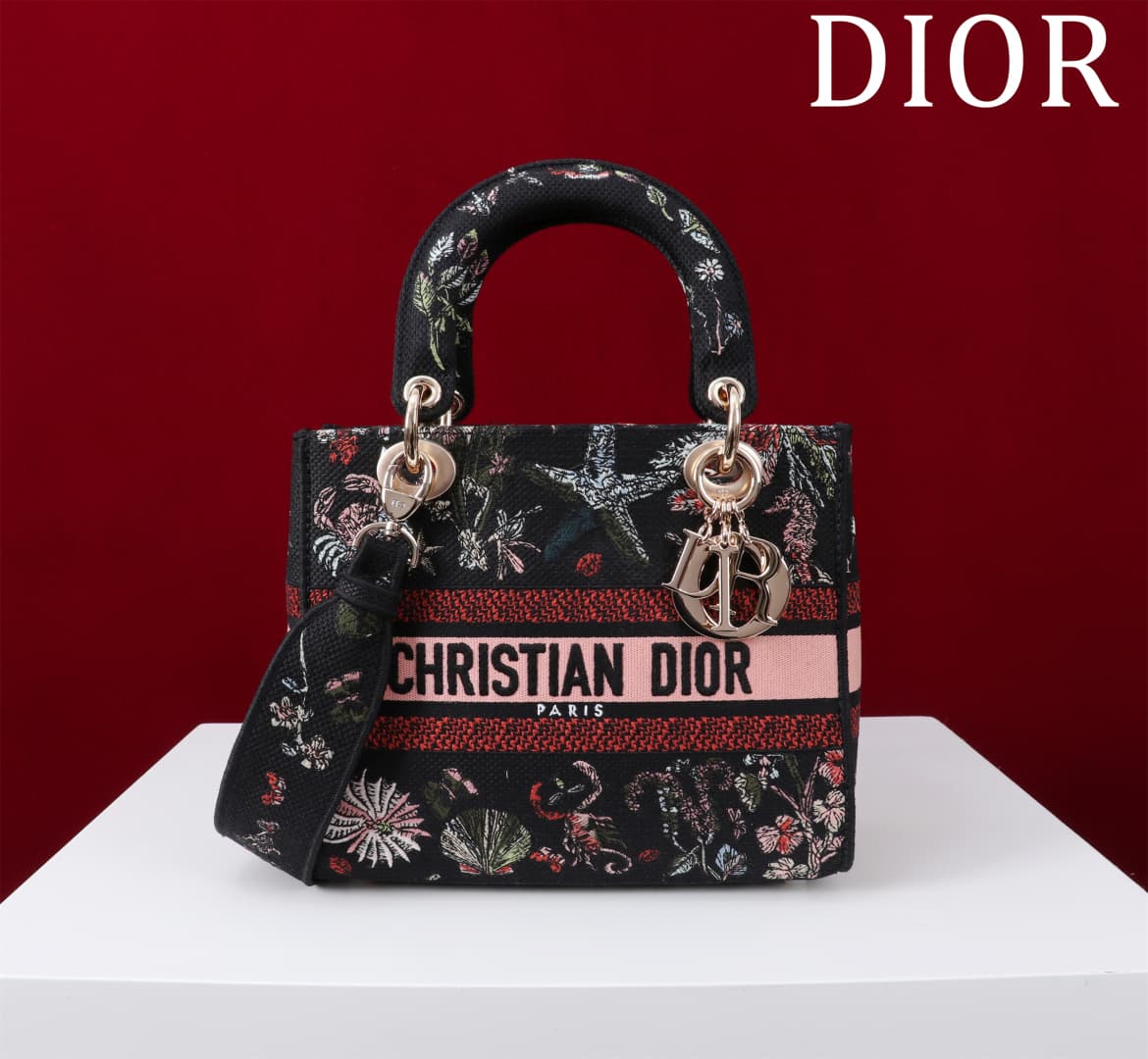 Medium Lady D-Lite Bag Black Embroidery with Multicolor Dior Cabinet de Curiosités Motif High