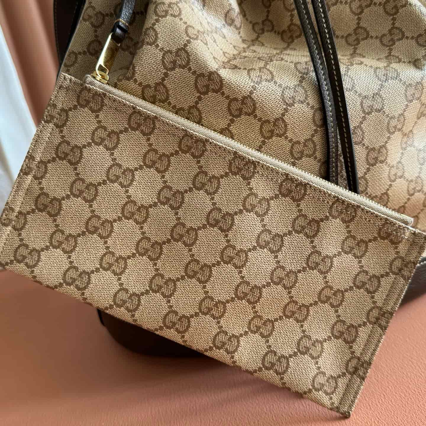 Gucci Venice large bucket bag Sand and dark brown GG coated canvas 875238 High