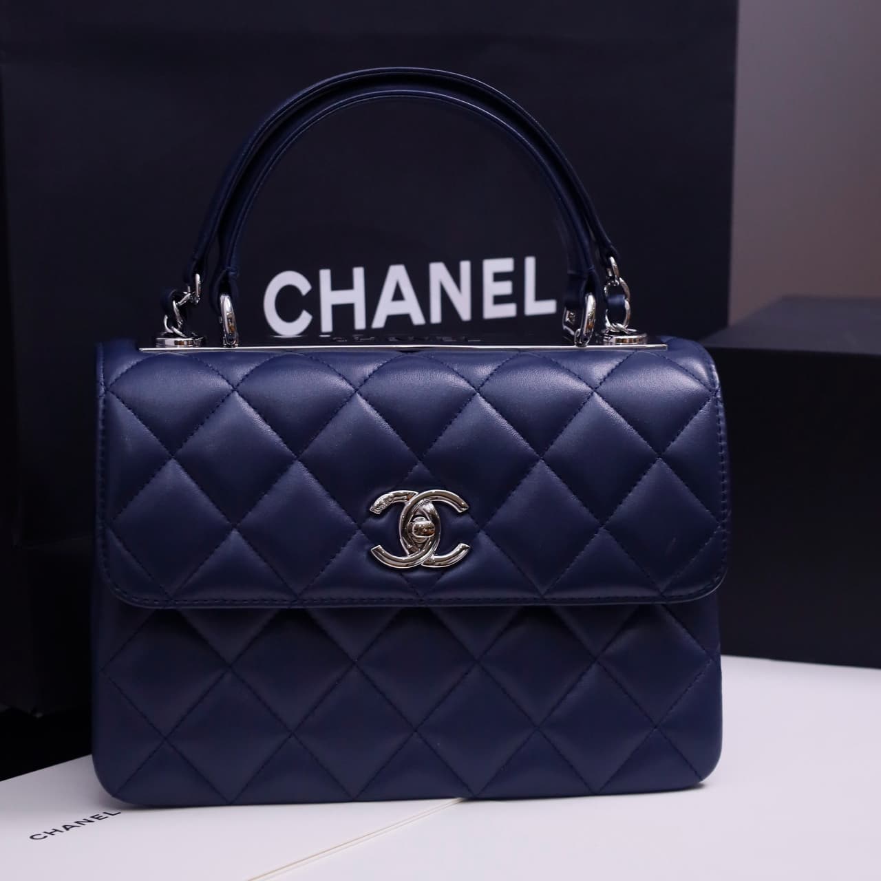 SMALL FLAP BAG WITH TOP HANDLE Lambskin Silver Metal Drak Blue A