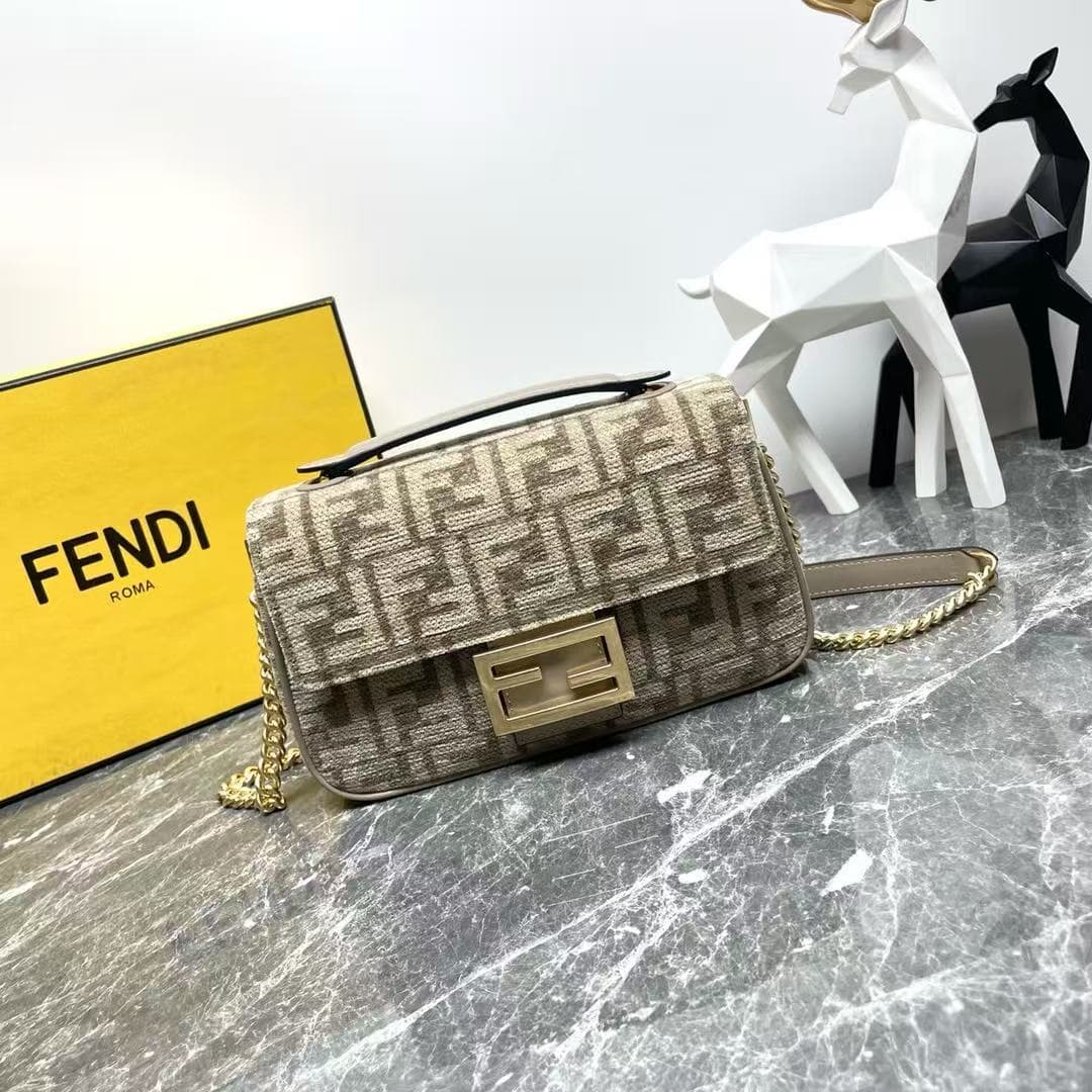 Fendi Baguette Chain Midi Bag In Light Beige Denim-Effect FF Jacquard Fabric High