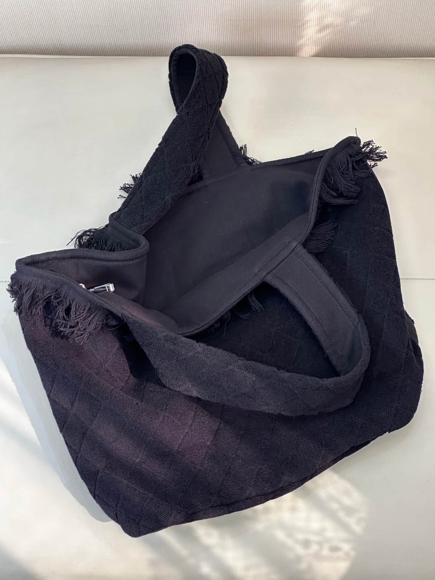 Chanel Beach Hobo Handbag Quilted Black Terry Cloth TOP