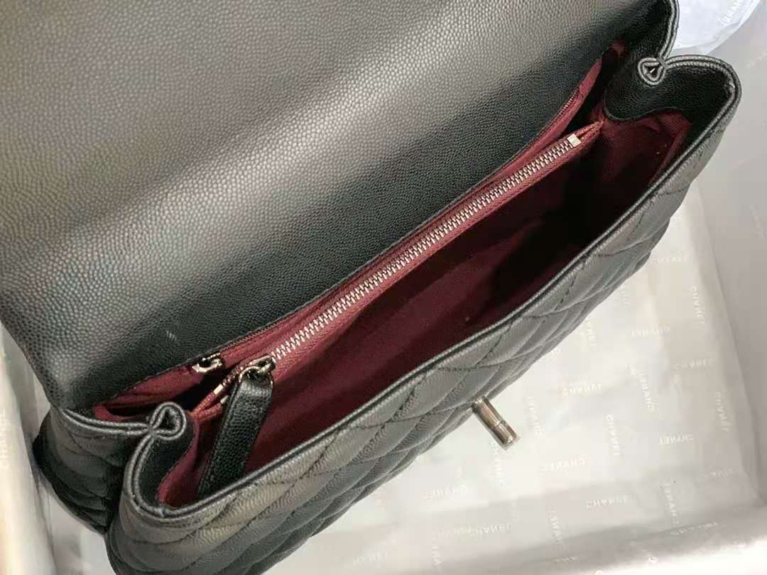 Medium FLAP BAG WITH TOP HANDLE Grained Calfskin Black Pewter-Tone Metal High