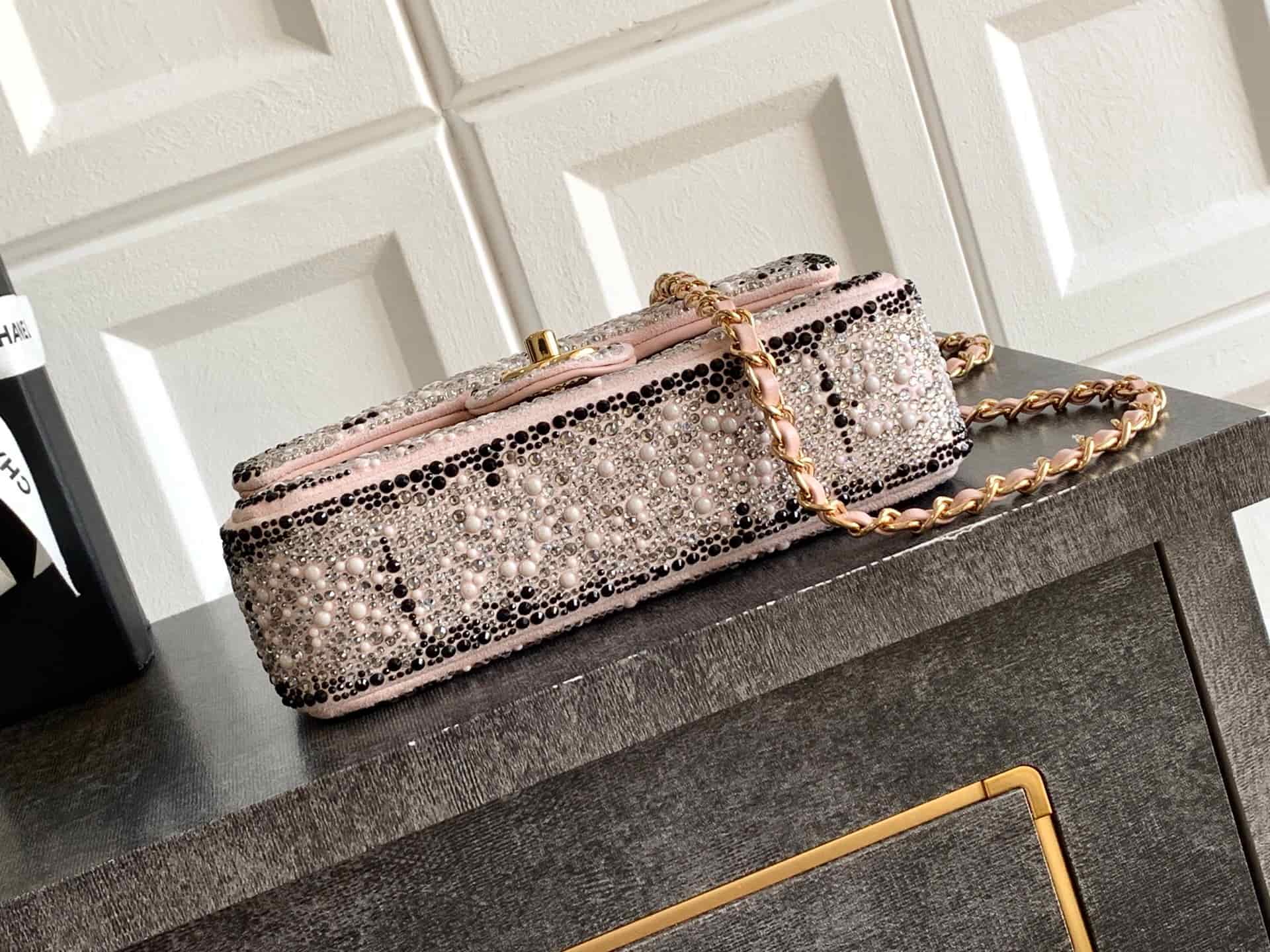Chanel Classic Mini Flap Bag Strass Imitation Pearls & Gold-Tone Metal  Dark Pink 6171 A