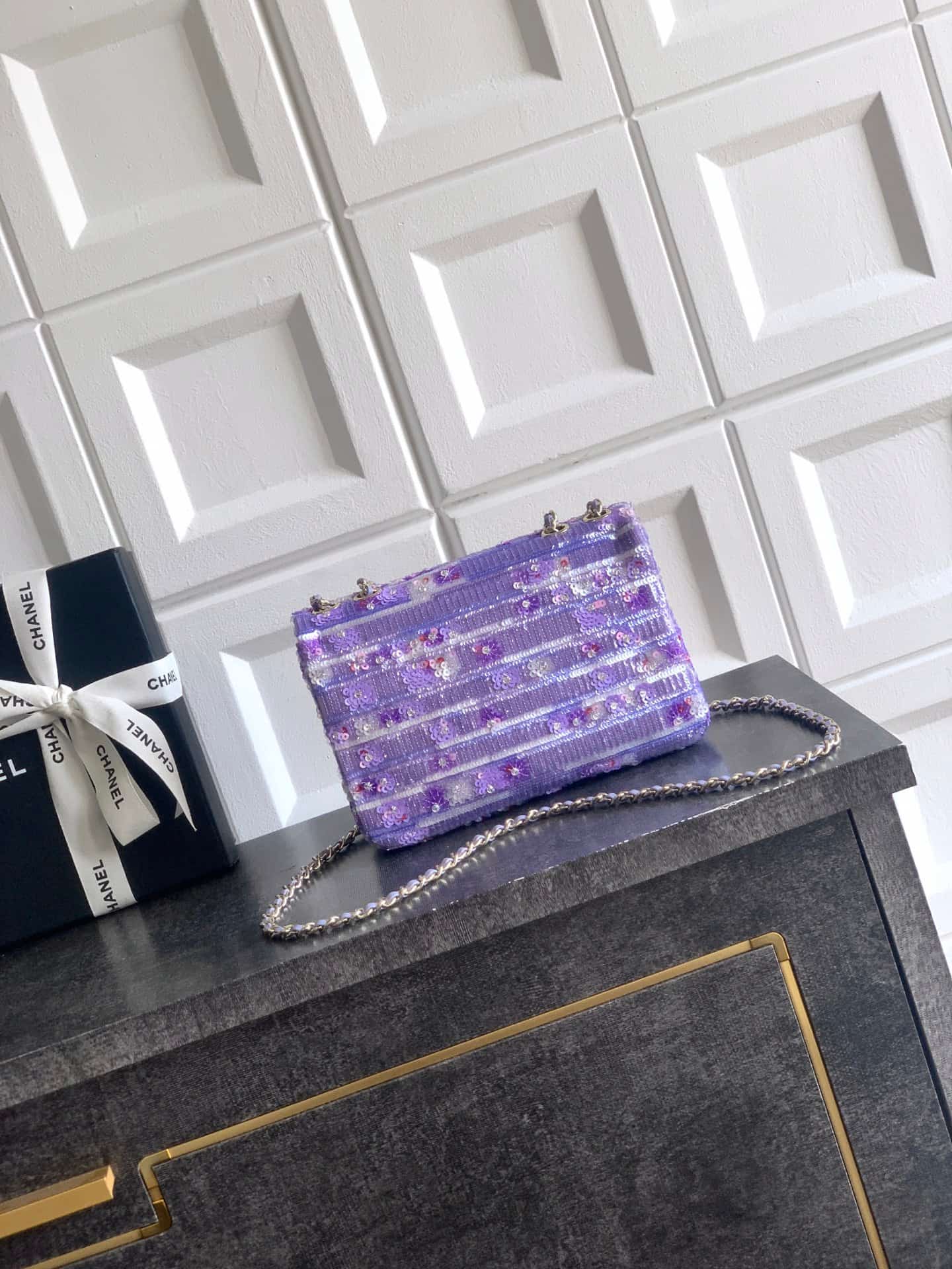 Chanel Classic Mini Flap Bag Sequin Embroidery & Gold-Tone Metal Purple 6171 A