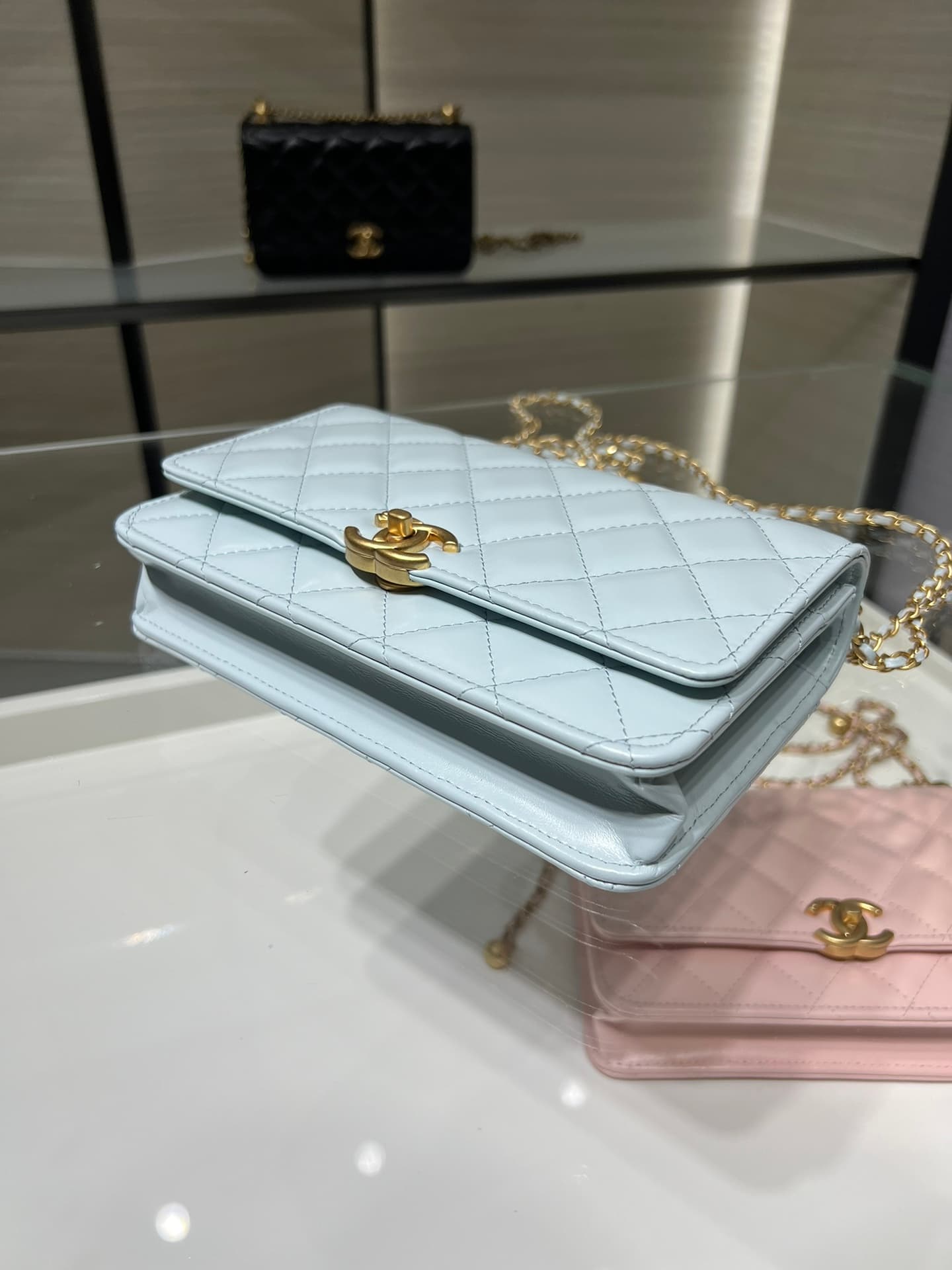 Chanel Wallet on Chain Shiny Calfskin & Gold-Tone Metal Light Blue AP2289 High