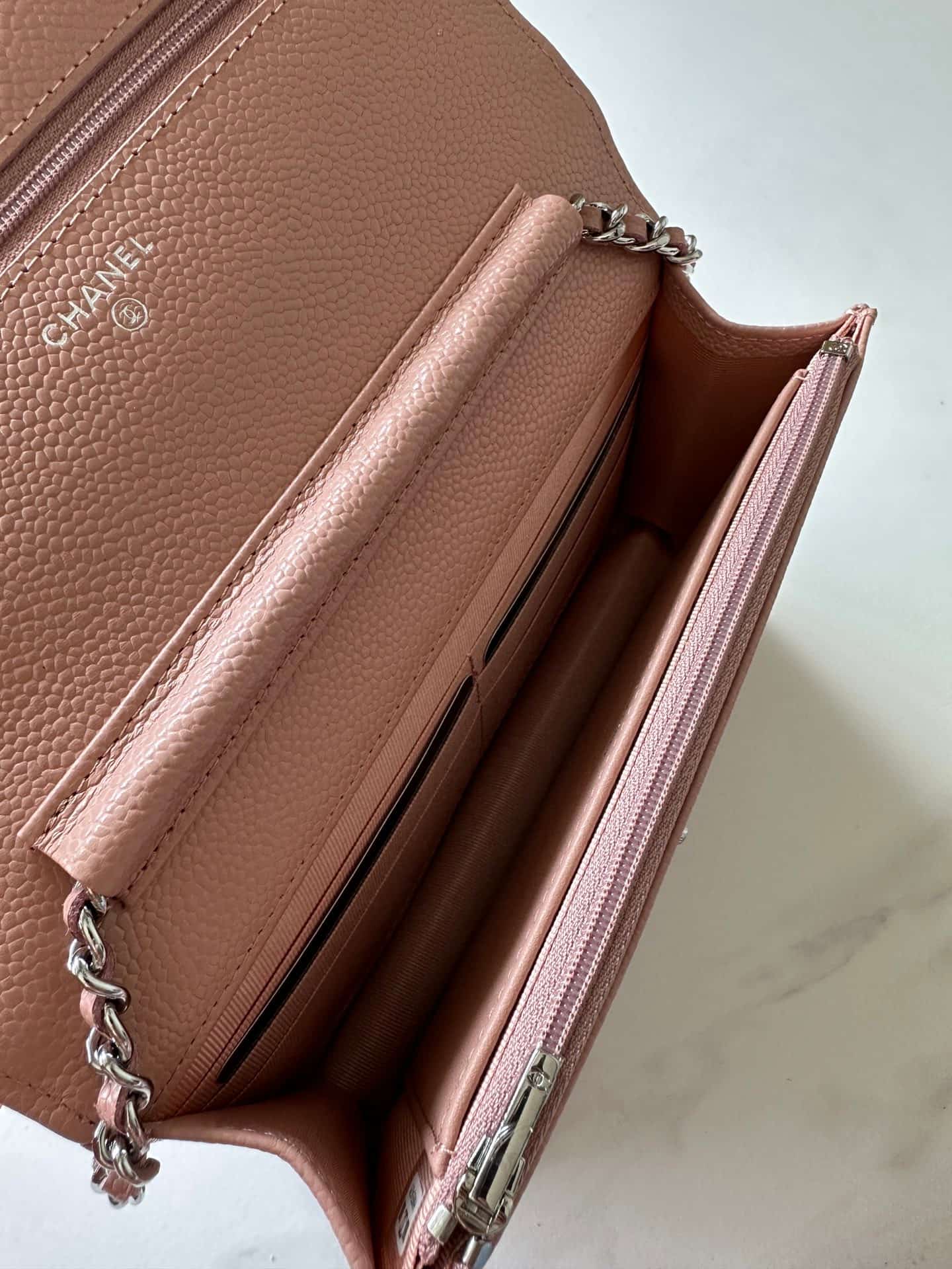 Chanel Classic Wallet on Chain Grained Shiny Calfskin & Silver-Tone Metal AP4241 Light Pink High