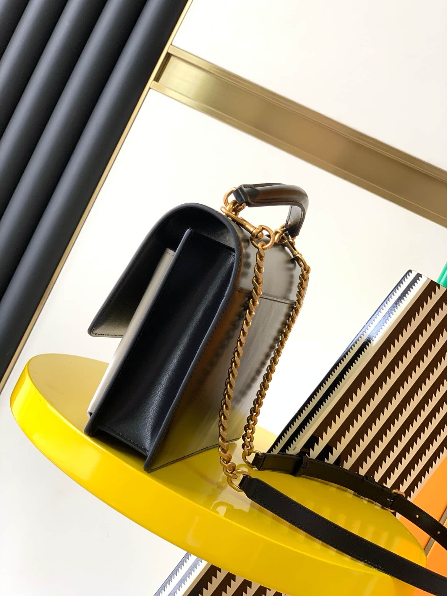 Saint Laurent Sunset Handle Bag Black and White Smooth  Leather 634723 High